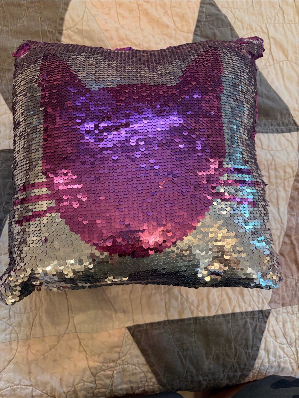 Sequin Cat Face Decorative Pillow - Purple and Silver